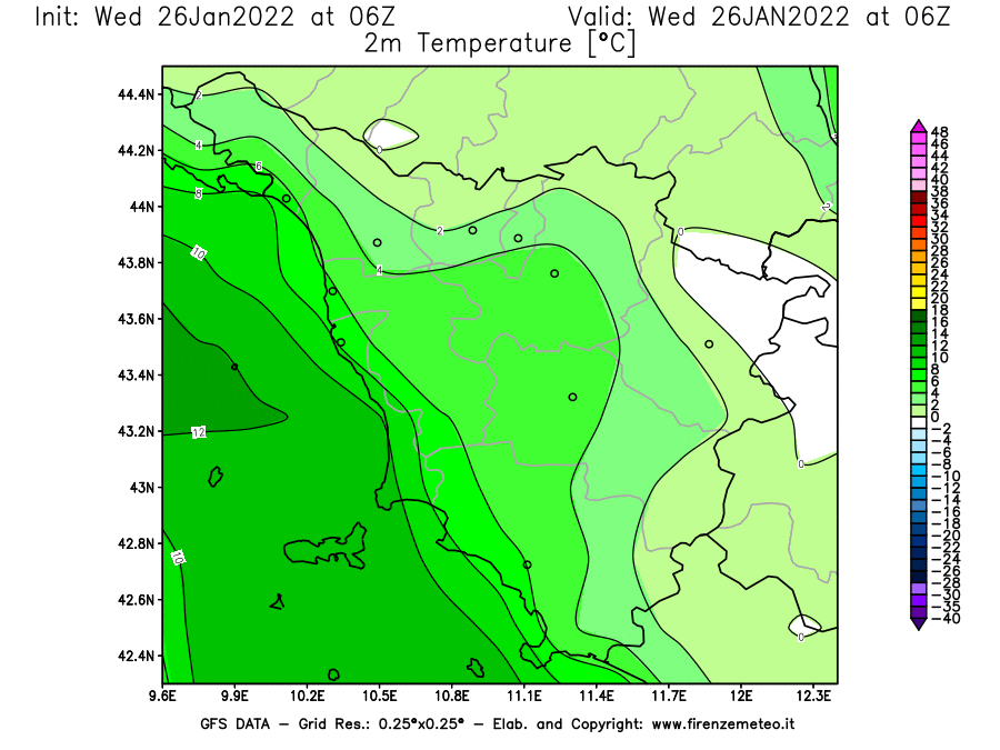 Mappa di analisi GFS - Temperatura a 2 metri dal suolo [°C] in Toscana
							del 26/01/2022 06 <!--googleoff: index-->UTC<!--googleon: index-->