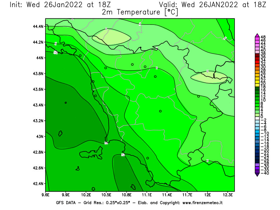 Mappa di analisi GFS - Temperatura a 2 metri dal suolo [°C] in Toscana
							del 26/01/2022 18 <!--googleoff: index-->UTC<!--googleon: index-->