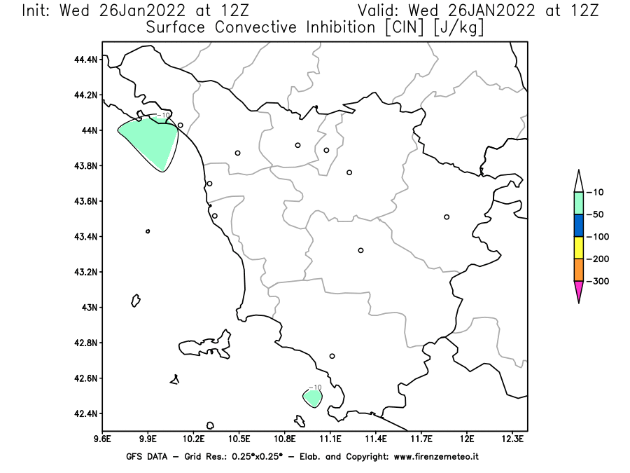 Mappa di analisi GFS - CIN [J/kg] in Toscana
							del 26/01/2022 12 <!--googleoff: index-->UTC<!--googleon: index-->