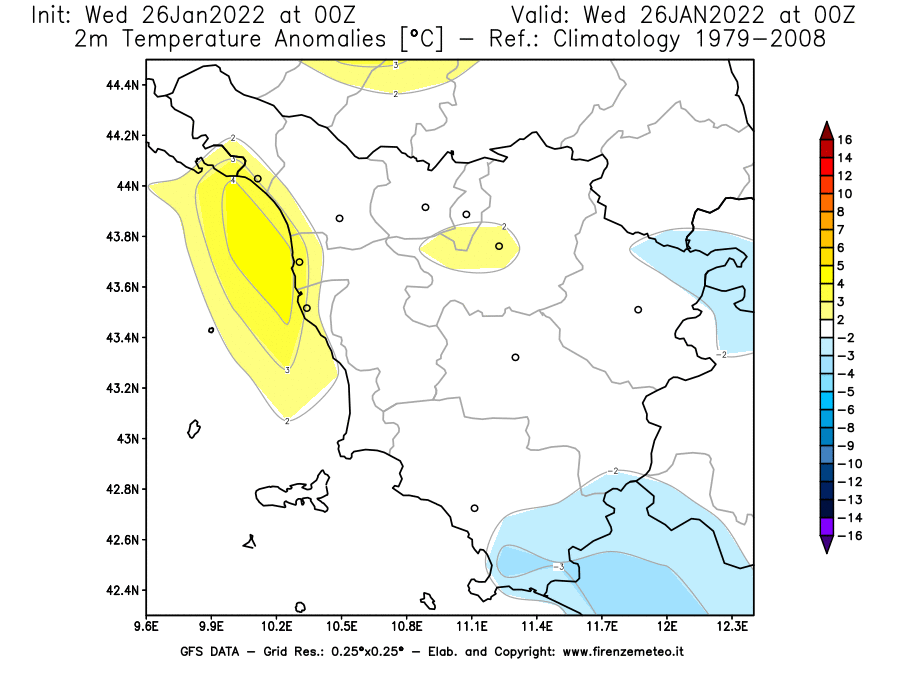 Mappa di analisi GFS - Anomalia Temperatura [°C] a 2 m in Toscana
							del 26/01/2022 00 <!--googleoff: index-->UTC<!--googleon: index-->