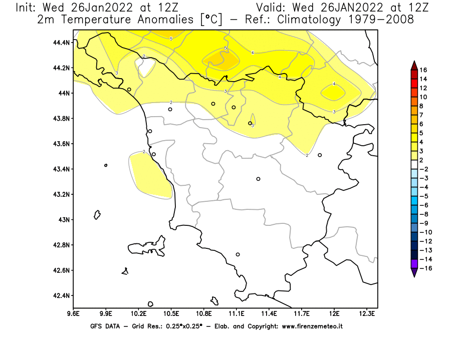 Mappa di analisi GFS - Anomalia Temperatura [°C] a 2 m in Toscana
							del 26/01/2022 12 <!--googleoff: index-->UTC<!--googleon: index-->