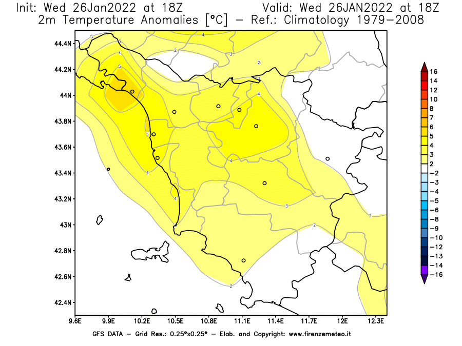Mappa di analisi GFS - Anomalia Temperatura [°C] a 2 m in Toscana
							del 26/01/2022 18 <!--googleoff: index-->UTC<!--googleon: index-->