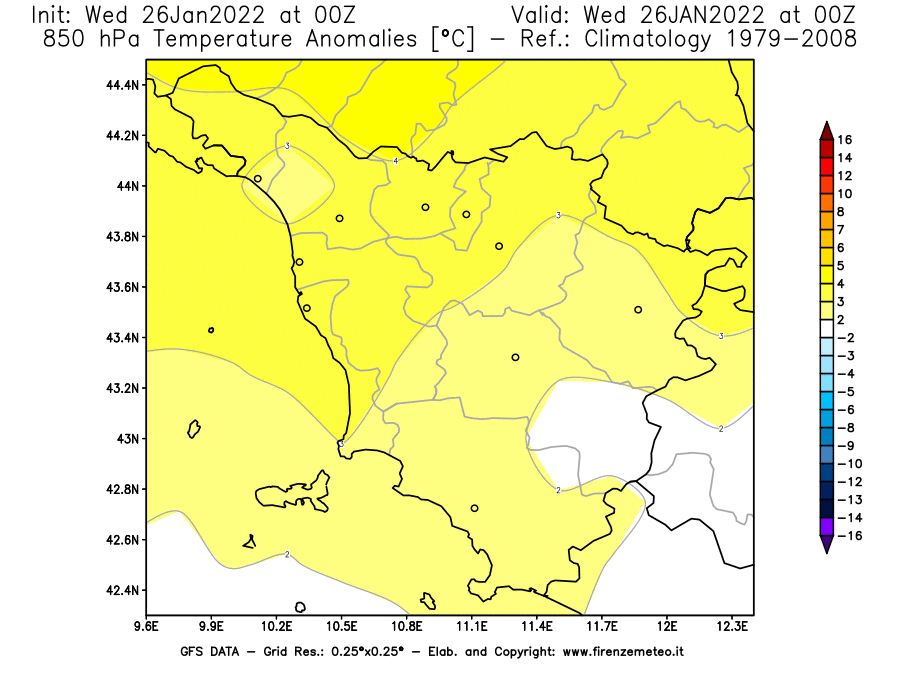 Mappa di analisi GFS - Anomalia Temperatura [°C] a 850 hPa in Toscana
							del 26/01/2022 00 <!--googleoff: index-->UTC<!--googleon: index-->