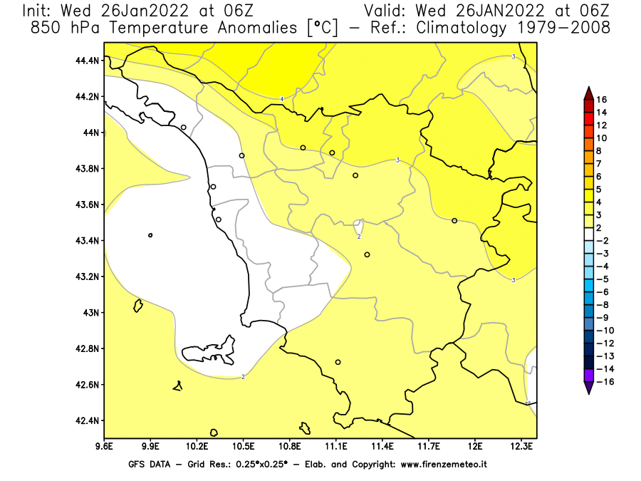 Mappa di analisi GFS - Anomalia Temperatura [°C] a 850 hPa in Toscana
							del 26/01/2022 06 <!--googleoff: index-->UTC<!--googleon: index-->