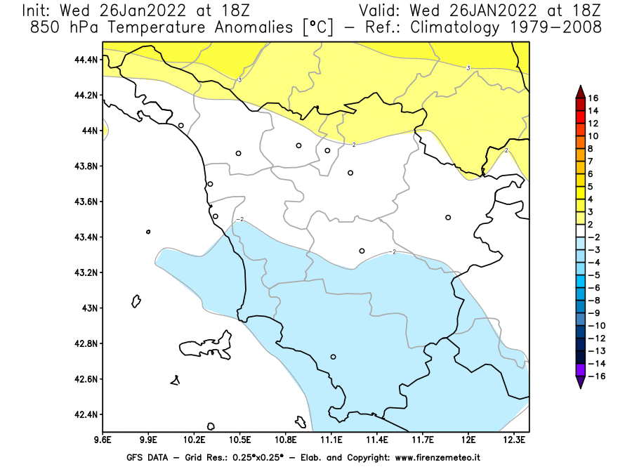 Mappa di analisi GFS - Anomalia Temperatura [°C] a 850 hPa in Toscana
							del 26/01/2022 18 <!--googleoff: index-->UTC<!--googleon: index-->