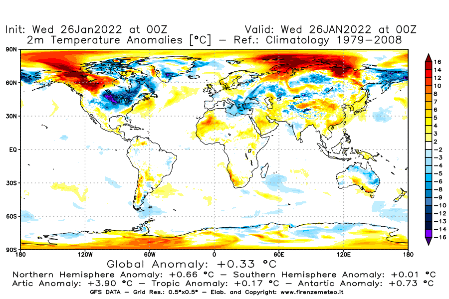 Mappa di analisi GFS - Anomalia Temperatura [°C] a 2 m in World
							del 26/01/2022 00 <!--googleoff: index-->UTC<!--googleon: index-->