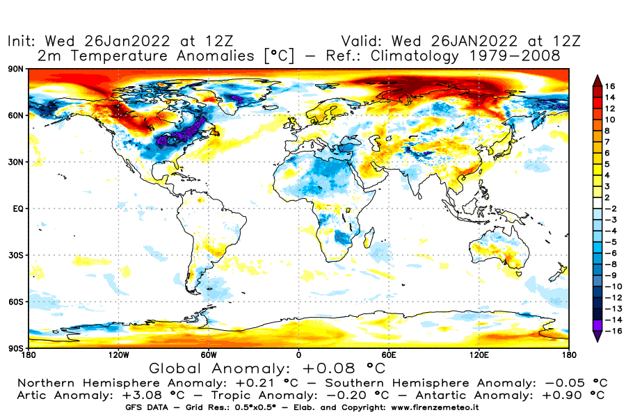 Mappa di analisi GFS - Anomalia Temperatura [°C] a 2 m in World
							del 26/01/2022 12 <!--googleoff: index-->UTC<!--googleon: index-->
