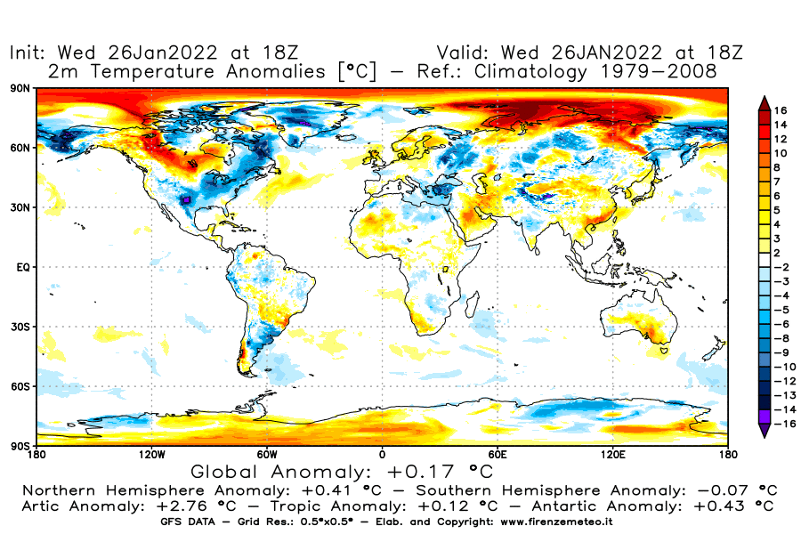 Mappa di analisi GFS - Anomalia Temperatura [°C] a 2 m in World
							del 26/01/2022 18 <!--googleoff: index-->UTC<!--googleon: index-->
