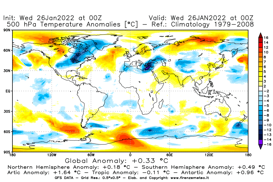 Mappa di analisi GFS - Anomalia Temperatura [°C] a 500 hPa in World
							del 26/01/2022 00 <!--googleoff: index-->UTC<!--googleon: index-->