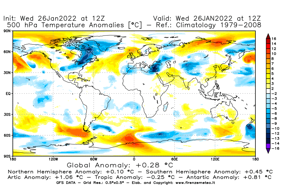 Mappa di analisi GFS - Anomalia Temperatura [°C] a 500 hPa in World
							del 26/01/2022 12 <!--googleoff: index-->UTC<!--googleon: index-->