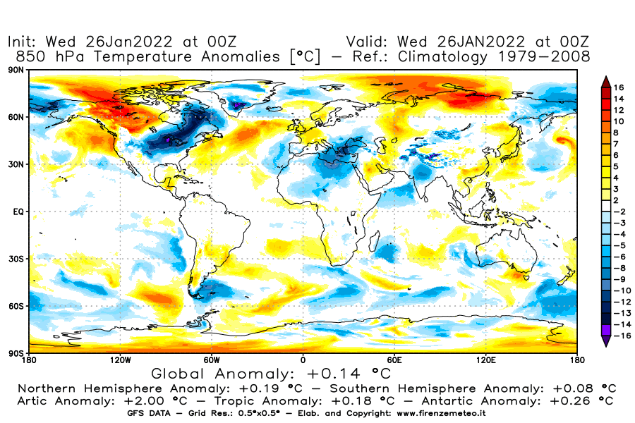 Mappa di analisi GFS - Anomalia Temperatura [°C] a 850 hPa in World
							del 26/01/2022 00 <!--googleoff: index-->UTC<!--googleon: index-->