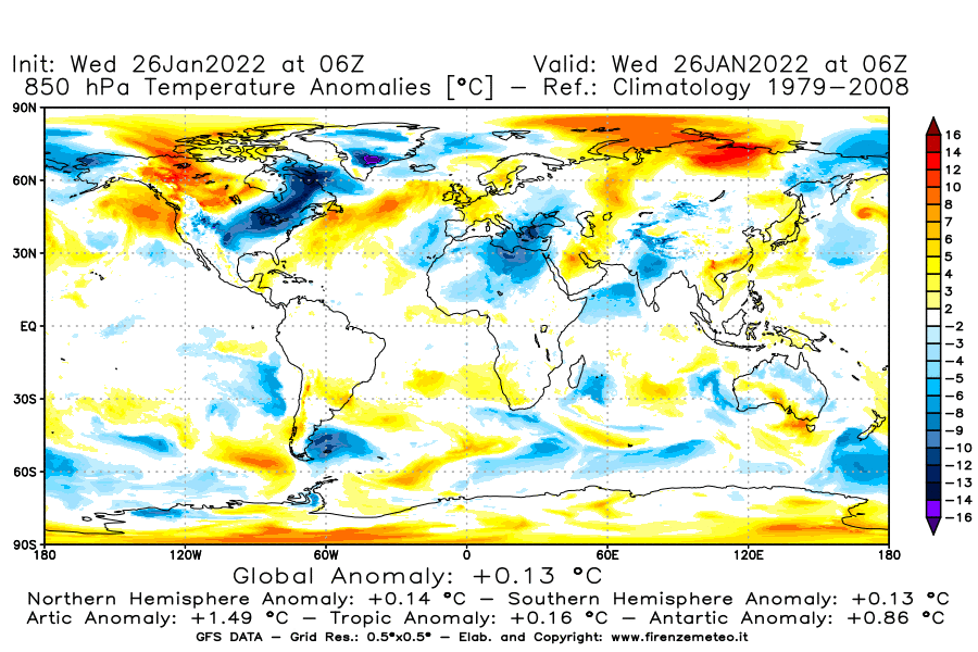 Mappa di analisi GFS - Anomalia Temperatura [°C] a 850 hPa in World
							del 26/01/2022 06 <!--googleoff: index-->UTC<!--googleon: index-->