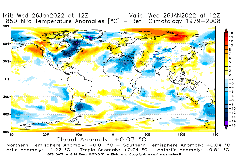 Mappa di analisi GFS - Anomalia Temperatura [°C] a 850 hPa in World
							del 26/01/2022 12 <!--googleoff: index-->UTC<!--googleon: index-->