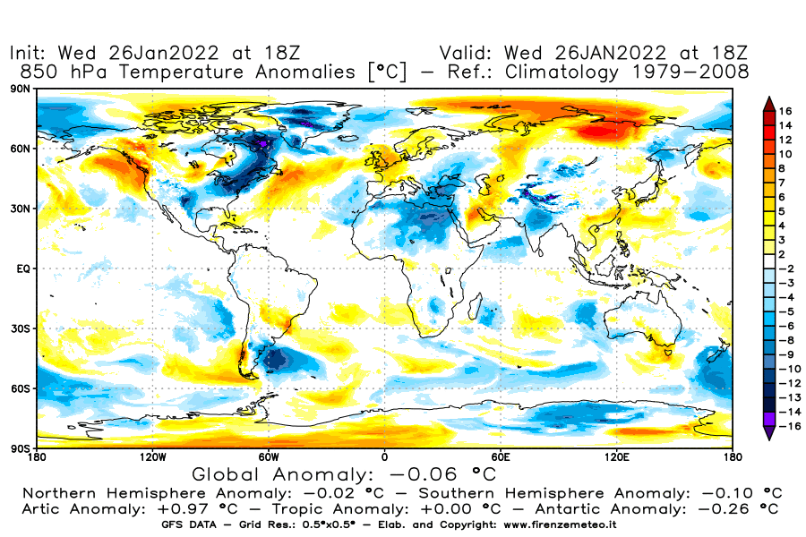 Mappa di analisi GFS - Anomalia Temperatura [°C] a 850 hPa in World
							del 26/01/2022 18 <!--googleoff: index-->UTC<!--googleon: index-->