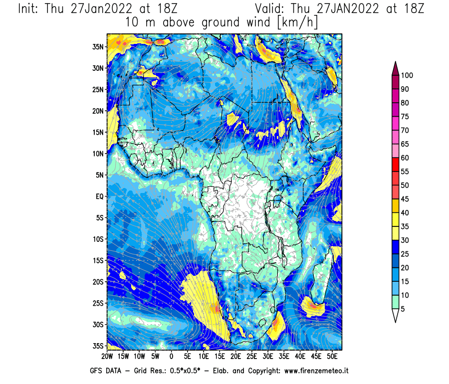 Mappa di analisi GFS - Velocità del vento a 10 metri dal suolo [km/h] in Africa
							del 27/01/2022 18 <!--googleoff: index-->UTC<!--googleon: index-->