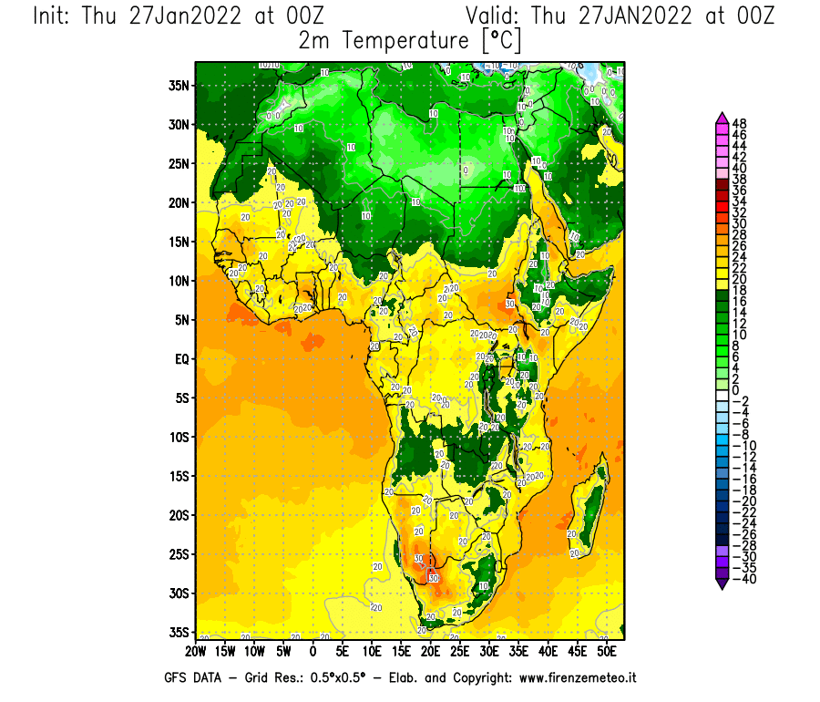 Mappa di analisi GFS - Temperatura a 2 metri dal suolo [°C] in Africa
							del 27/01/2022 00 <!--googleoff: index-->UTC<!--googleon: index-->