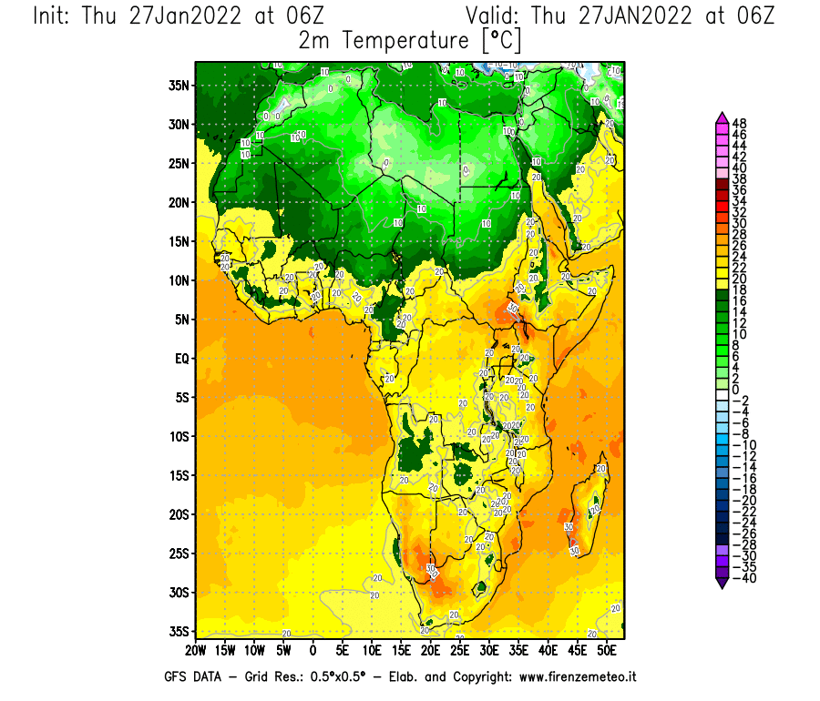 Mappa di analisi GFS - Temperatura a 2 metri dal suolo [°C] in Africa
							del 27/01/2022 06 <!--googleoff: index-->UTC<!--googleon: index-->