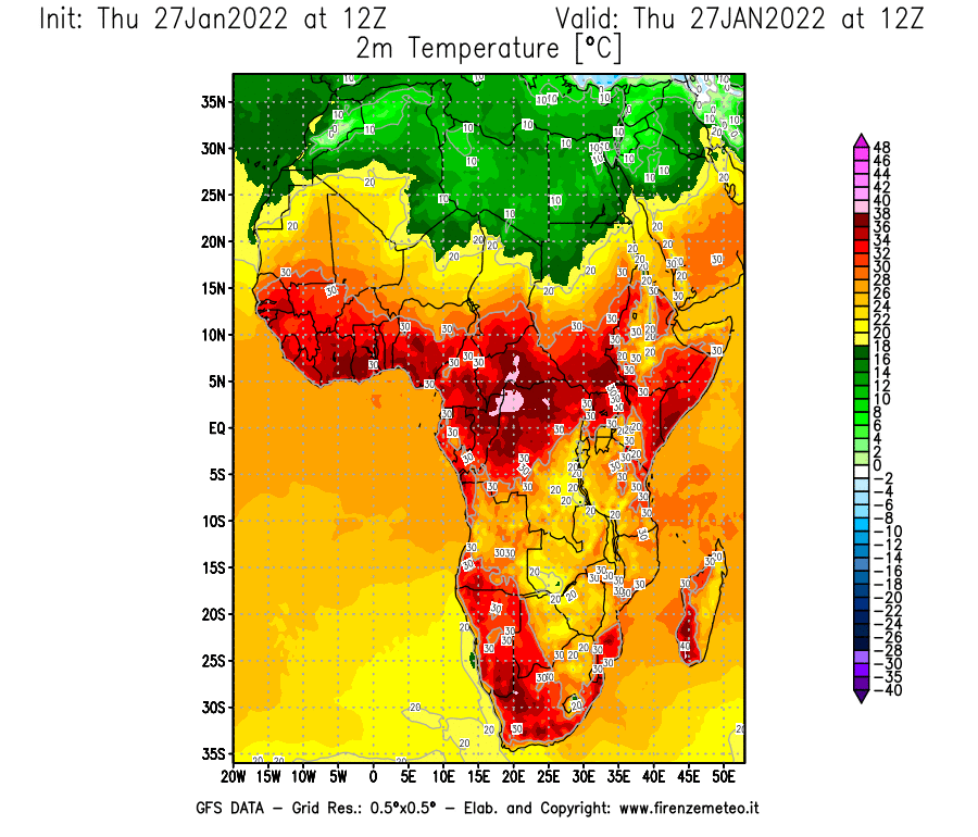 Mappa di analisi GFS - Temperatura a 2 metri dal suolo [°C] in Africa
							del 27/01/2022 12 <!--googleoff: index-->UTC<!--googleon: index-->