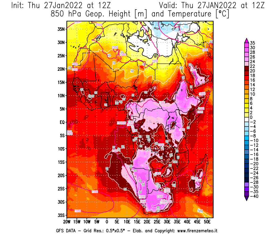 Mappa di analisi GFS - Geopotenziale [m] e Temperatura [°C] a 850 hPa in Africa
							del 27/01/2022 12 <!--googleoff: index-->UTC<!--googleon: index-->