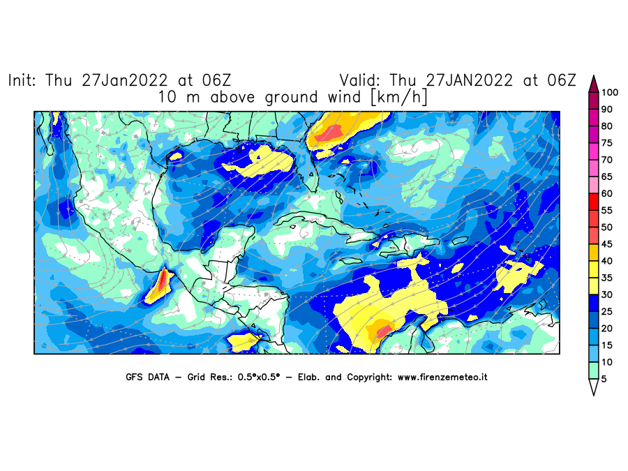 Mappa di analisi GFS - Velocità del vento a 10 metri dal suolo [km/h] in Centro-America
							del 27/01/2022 06 <!--googleoff: index-->UTC<!--googleon: index-->