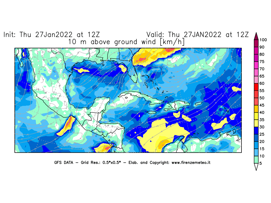 Mappa di analisi GFS - Velocità del vento a 10 metri dal suolo [km/h] in Centro-America
							del 27/01/2022 12 <!--googleoff: index-->UTC<!--googleon: index-->