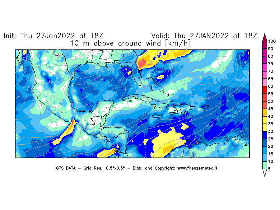 Mappa di analisi GFS - Velocità del vento a 10 metri dal suolo [km/h] in Centro-America
							del 27/01/2022 18 <!--googleoff: index-->UTC<!--googleon: index-->
