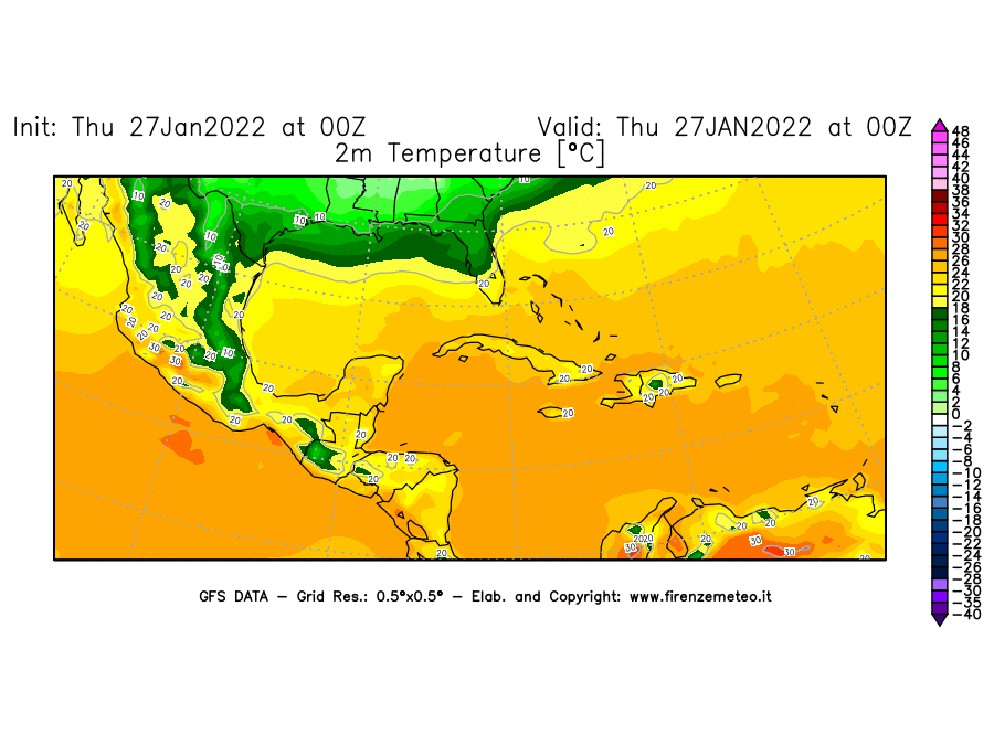Mappa di analisi GFS - Temperatura a 2 metri dal suolo [°C] in Centro-America
							del 27/01/2022 00 <!--googleoff: index-->UTC<!--googleon: index-->