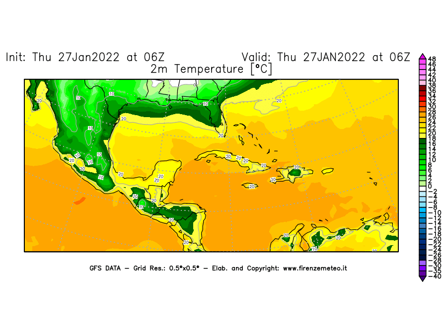 Mappa di analisi GFS - Temperatura a 2 metri dal suolo [°C] in Centro-America
							del 27/01/2022 06 <!--googleoff: index-->UTC<!--googleon: index-->