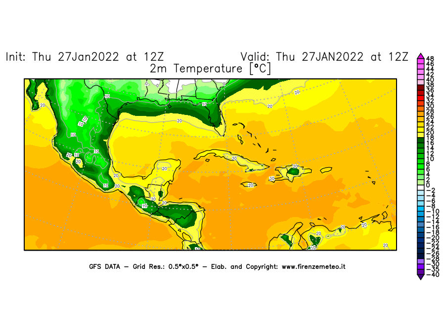 Mappa di analisi GFS - Temperatura a 2 metri dal suolo [°C] in Centro-America
							del 27/01/2022 12 <!--googleoff: index-->UTC<!--googleon: index-->