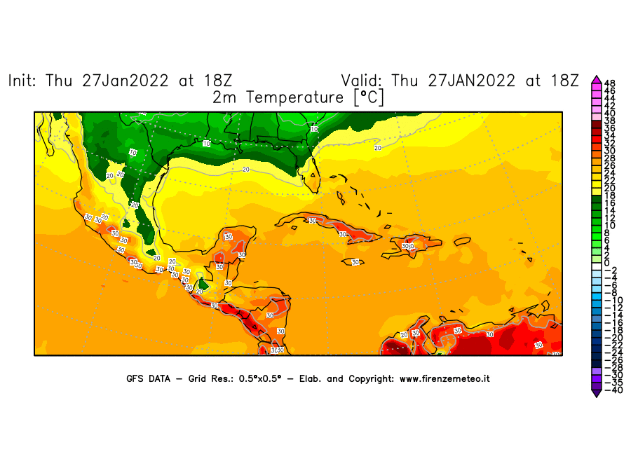 Mappa di analisi GFS - Temperatura a 2 metri dal suolo [°C] in Centro-America
							del 27/01/2022 18 <!--googleoff: index-->UTC<!--googleon: index-->
