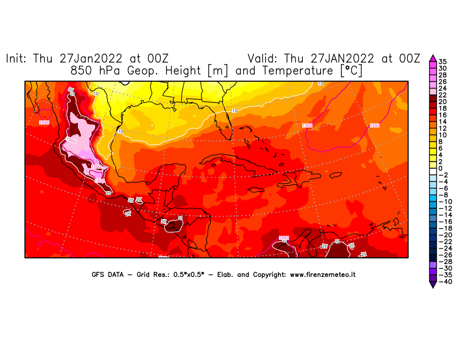 Mappa di analisi GFS - Geopotenziale [m] e Temperatura [°C] a 850 hPa in Centro-America
							del 27/01/2022 00 <!--googleoff: index-->UTC<!--googleon: index-->