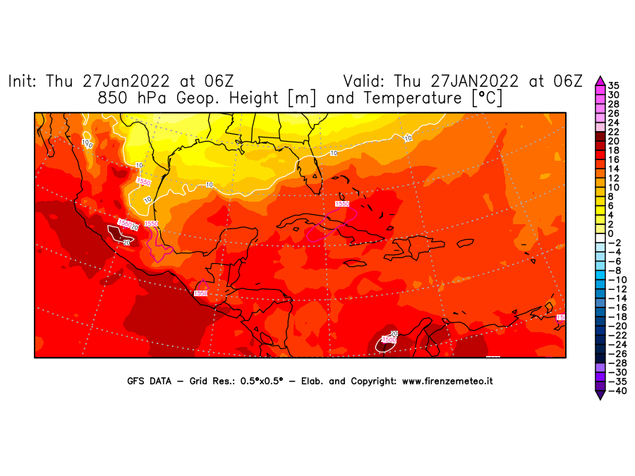 Mappa di analisi GFS - Geopotenziale [m] e Temperatura [°C] a 850 hPa in Centro-America
							del 27/01/2022 06 <!--googleoff: index-->UTC<!--googleon: index-->