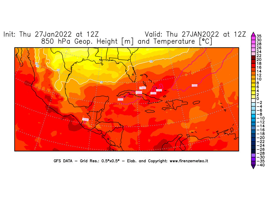 Mappa di analisi GFS - Geopotenziale [m] e Temperatura [°C] a 850 hPa in Centro-America
							del 27/01/2022 12 <!--googleoff: index-->UTC<!--googleon: index-->