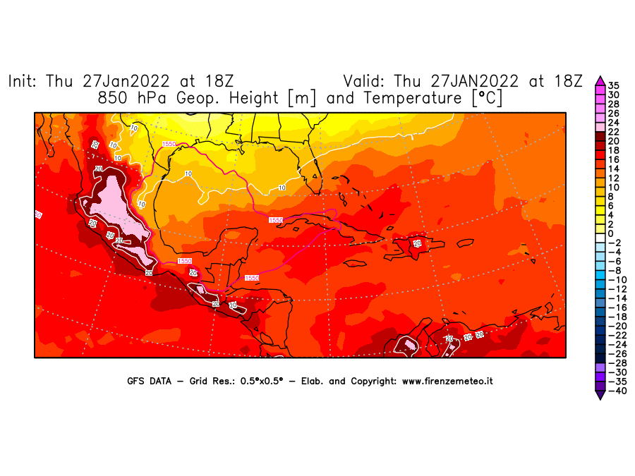 Mappa di analisi GFS - Geopotenziale [m] e Temperatura [°C] a 850 hPa in Centro-America
							del 27/01/2022 18 <!--googleoff: index-->UTC<!--googleon: index-->
