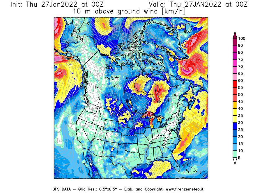 Mappa di analisi GFS - Velocità del vento a 10 metri dal suolo [km/h] in Nord-America
							del 27/01/2022 00 <!--googleoff: index-->UTC<!--googleon: index-->