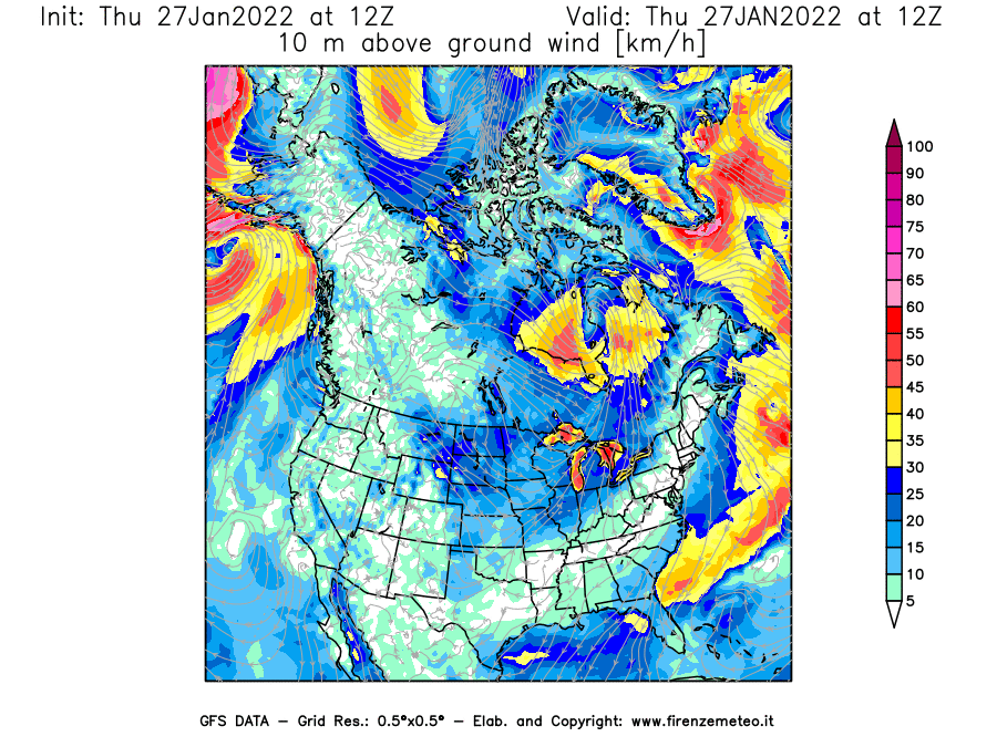 Mappa di analisi GFS - Velocità del vento a 10 metri dal suolo [km/h] in Nord-America
							del 27/01/2022 12 <!--googleoff: index-->UTC<!--googleon: index-->