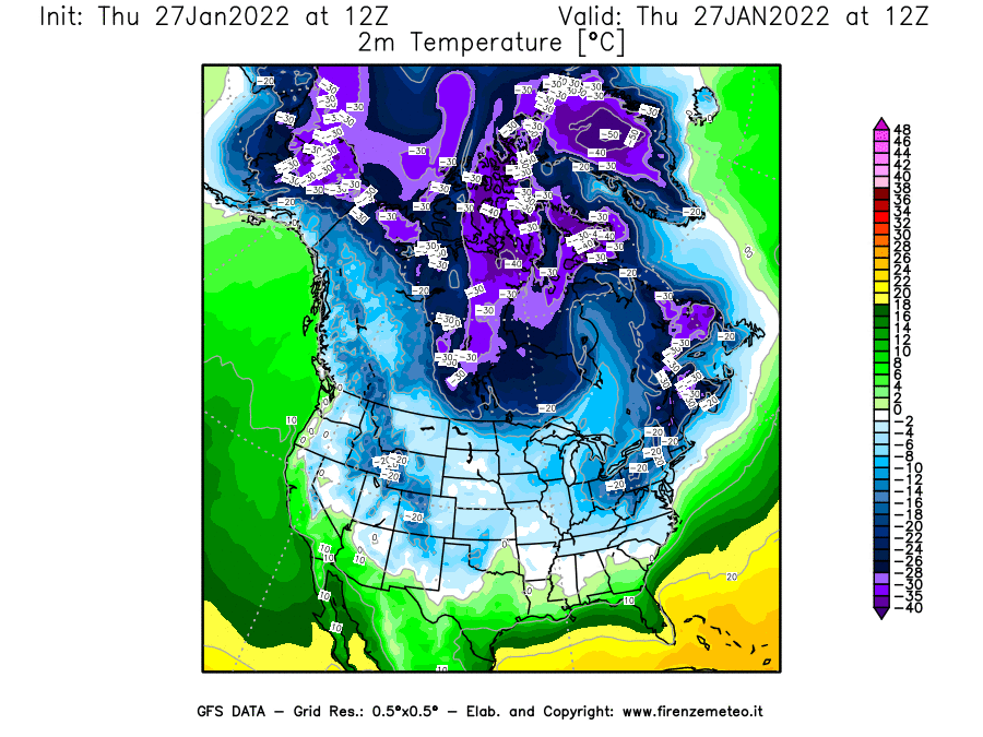 Mappa di analisi GFS - Temperatura a 2 metri dal suolo [°C] in Nord-America
							del 27/01/2022 12 <!--googleoff: index-->UTC<!--googleon: index-->
