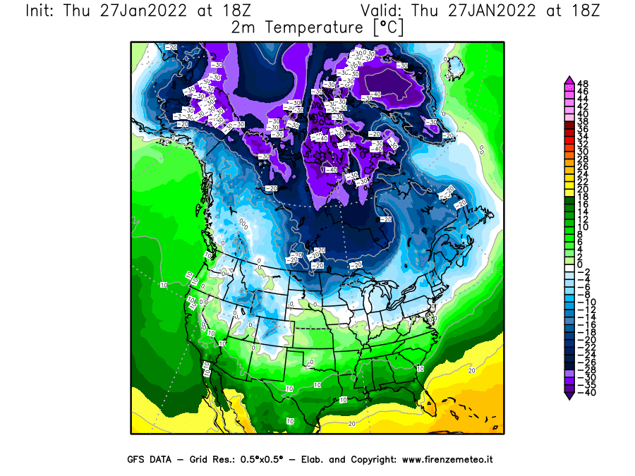 Mappa di analisi GFS - Temperatura a 2 metri dal suolo [°C] in Nord-America
							del 27/01/2022 18 <!--googleoff: index-->UTC<!--googleon: index-->
