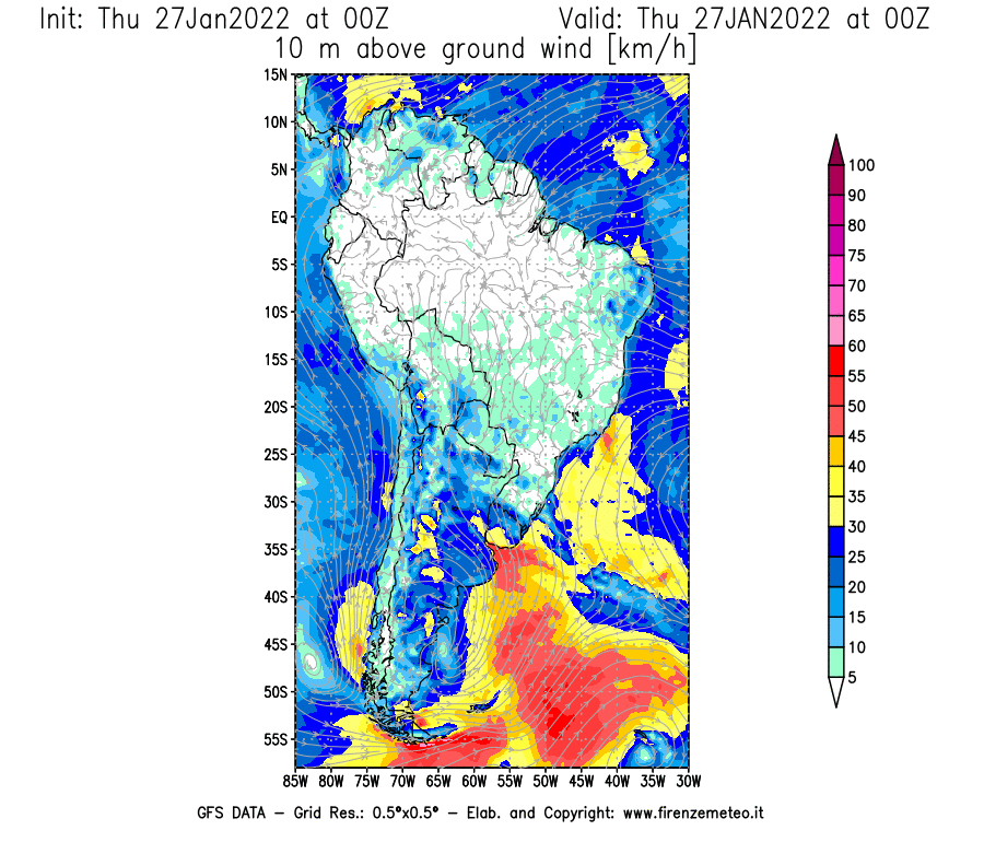 Mappa di analisi GFS - Velocità del vento a 10 metri dal suolo [km/h] in Sud-America
							del 27/01/2022 00 <!--googleoff: index-->UTC<!--googleon: index-->