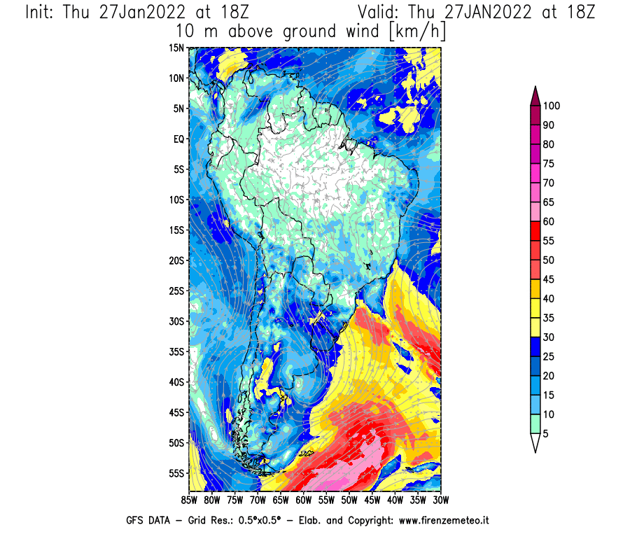 Mappa di analisi GFS - Velocità del vento a 10 metri dal suolo [km/h] in Sud-America
							del 27/01/2022 18 <!--googleoff: index-->UTC<!--googleon: index-->