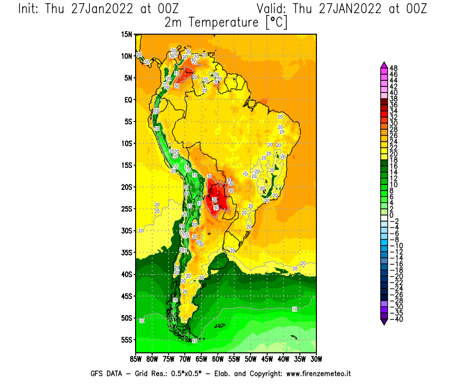 Mappa di analisi GFS - Temperatura a 2 metri dal suolo [°C] in Sud-America
							del 27/01/2022 00 <!--googleoff: index-->UTC<!--googleon: index-->