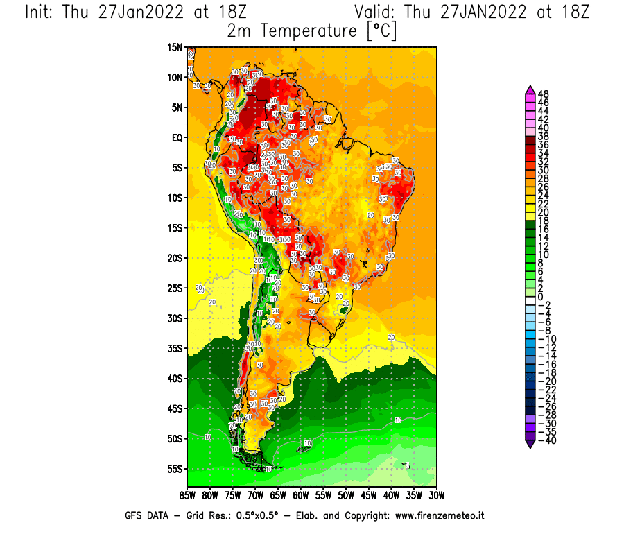 Mappa di analisi GFS - Temperatura a 2 metri dal suolo [°C] in Sud-America
							del 27/01/2022 18 <!--googleoff: index-->UTC<!--googleon: index-->
