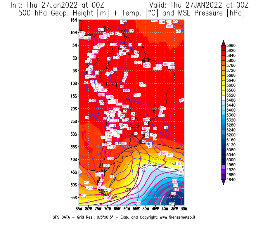 Mappa di analisi GFS - Geopotenziale [m] + Temp. [°C] a 500 hPa + Press. a livello del mare [hPa] in Sud-America
							del 27/01/2022 00 <!--googleoff: index-->UTC<!--googleon: index-->