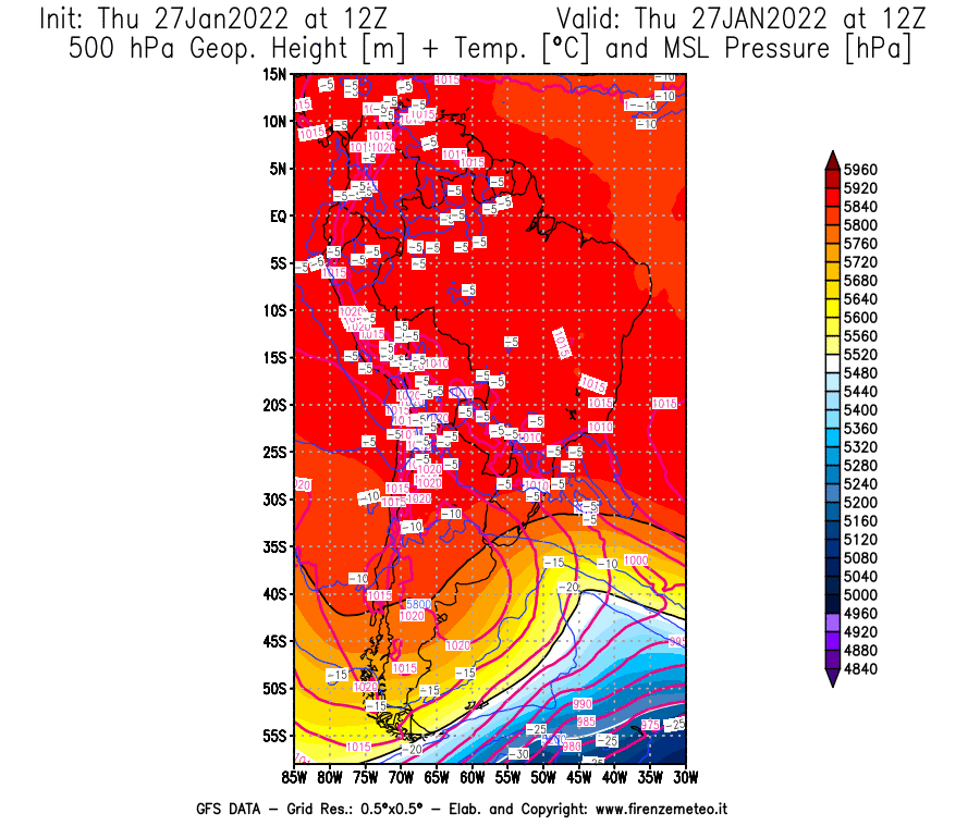 Mappa di analisi GFS - Geopotenziale [m] + Temp. [°C] a 500 hPa + Press. a livello del mare [hPa] in Sud-America
							del 27/01/2022 12 <!--googleoff: index-->UTC<!--googleon: index-->