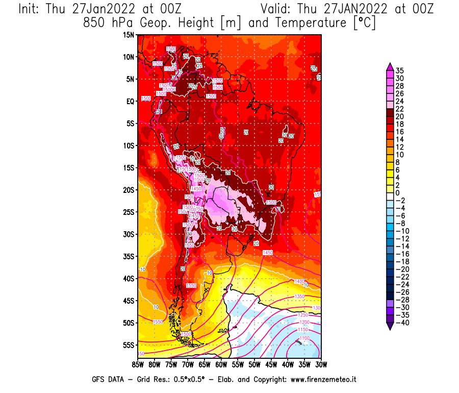 Mappa di analisi GFS - Geopotenziale [m] e Temperatura [°C] a 850 hPa in Sud-America
							del 27/01/2022 00 <!--googleoff: index-->UTC<!--googleon: index-->