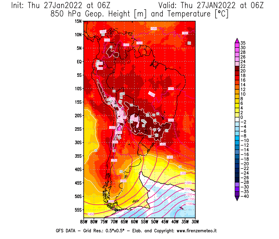 Mappa di analisi GFS - Geopotenziale [m] e Temperatura [°C] a 850 hPa in Sud-America
							del 27/01/2022 06 <!--googleoff: index-->UTC<!--googleon: index-->
