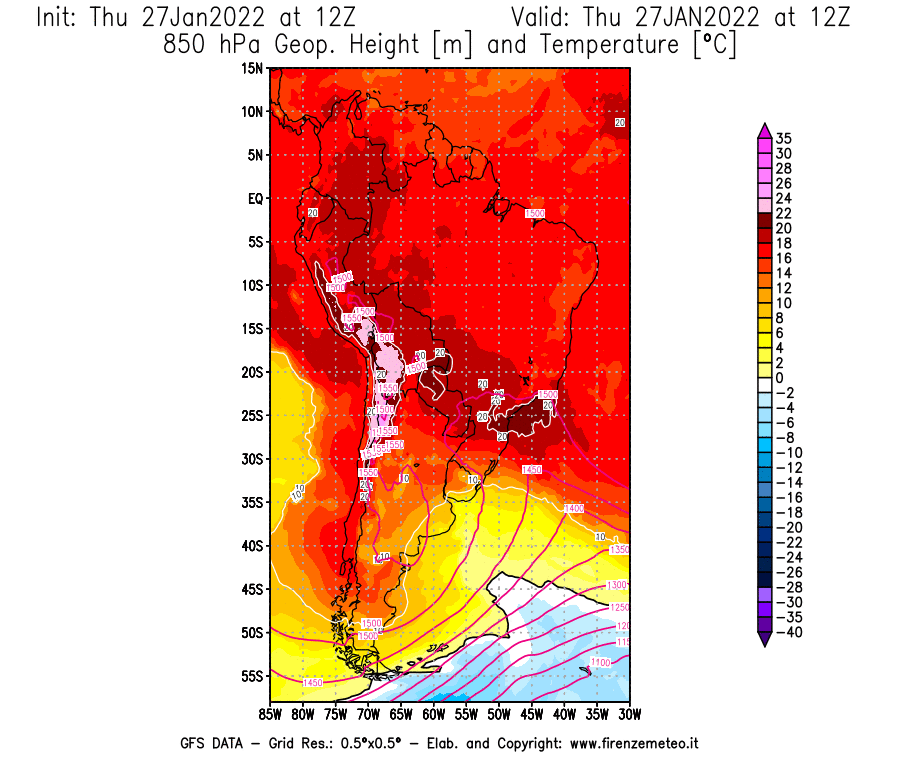 Mappa di analisi GFS - Geopotenziale [m] e Temperatura [°C] a 850 hPa in Sud-America
							del 27/01/2022 12 <!--googleoff: index-->UTC<!--googleon: index-->