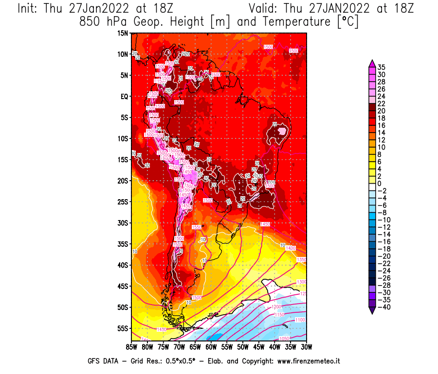 Mappa di analisi GFS - Geopotenziale [m] e Temperatura [°C] a 850 hPa in Sud-America
							del 27/01/2022 18 <!--googleoff: index-->UTC<!--googleon: index-->