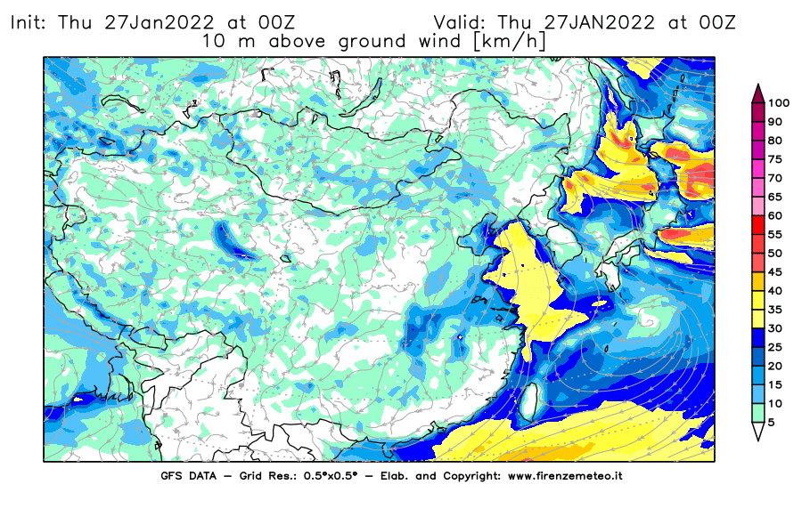 Mappa di analisi GFS - Velocità del vento a 10 metri dal suolo [km/h] in Asia Orientale
							del 27/01/2022 00 <!--googleoff: index-->UTC<!--googleon: index-->