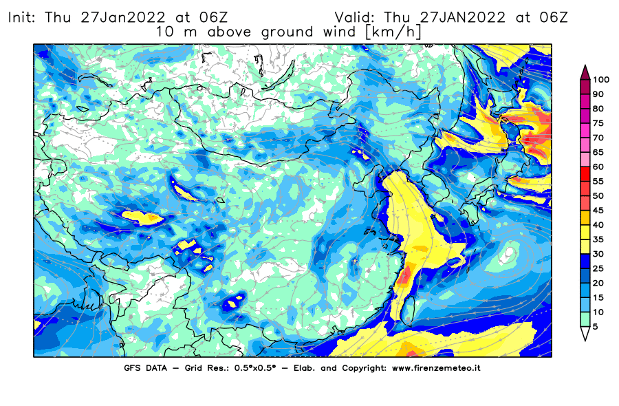 Mappa di analisi GFS - Velocità del vento a 10 metri dal suolo [km/h] in Asia Orientale
							del 27/01/2022 06 <!--googleoff: index-->UTC<!--googleon: index-->